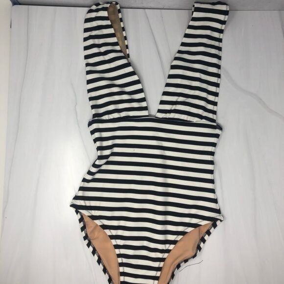J Crew Plunge V neck One piece Swimsuit in Navy and Ivory Size 0 NWT - Picture 5 of 7